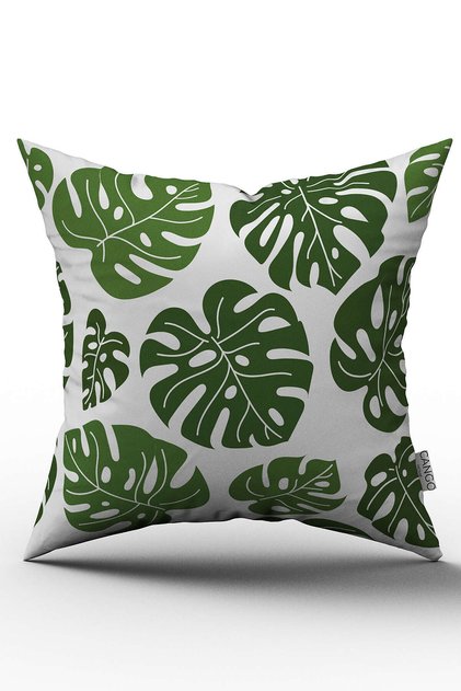 Double Sided White Green Leaf Patterned Digital Printed Throw Pillow Cover - Otyk460-ct