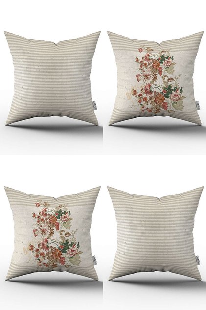 Cream Orange Striped Floral Panel Patterned 4-Piece Digital Printed Throw Pillow Cover Set - 4kmbs255