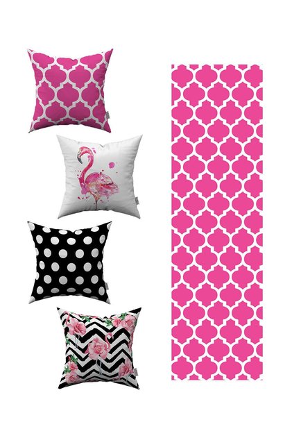 Pink Black Geometric Flamingo Patterned 4-Piece Throw Pillow Cover 1 Runner Set 4kmbs021-rs