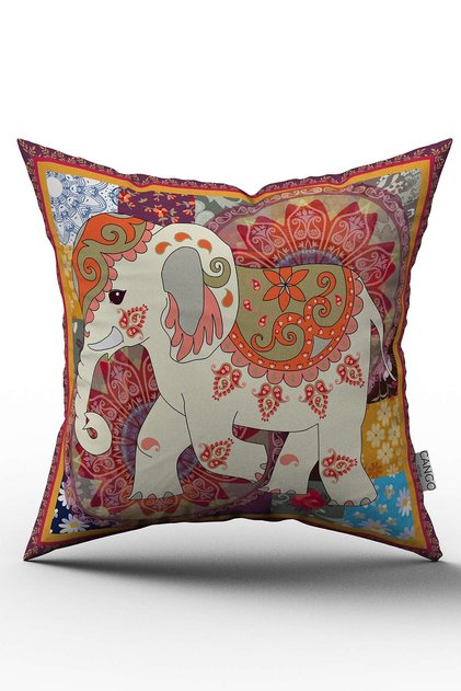 Double Sided Orange Ethnic Elephant Figured Digital Printed Throw Pillow Cover - Otyk452 -Ct