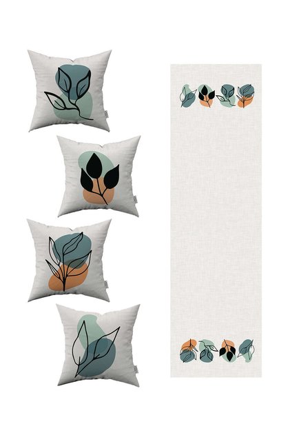 Orange Black Bohemian Style Leaf Patterned 4-Piece Throw Pillow Cover 1 Runner Set 4kmbs110-rs