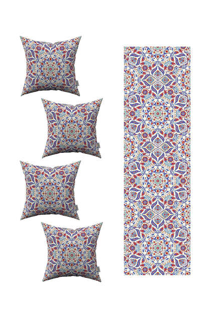 Red Blue Ethnic Tulip Patterned 4-Piece Cushion Cover and 1 Table Runner Set 4kmbs223-rs