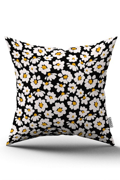 Double Sided Yellow Black Daisy Patterned Digital Printed Throw Pillow Cover Cgh1195