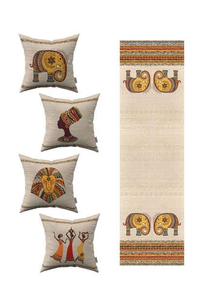Cream Ethnic African Figured Elephant Patterned 4-Piece Throw Pillow Cover 1 Runner Set 4kmbs304-rs-1