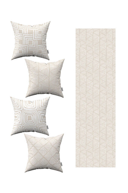 Cream White Bohemian Scandinavian Geometric Patterned 4-Piece Cushion Cover and 1 Table Runner Set 4kmbs290-rs-4