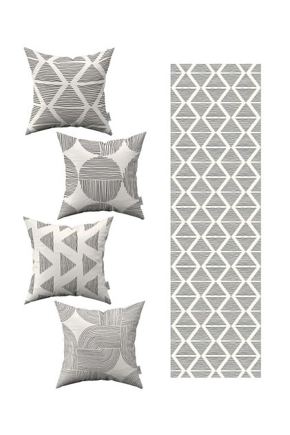 Cream Black Bohemian Scandinavian Patterned 4-Piece Throw Pillow Cover 1 Runner Set 4kmbs293-rs-2