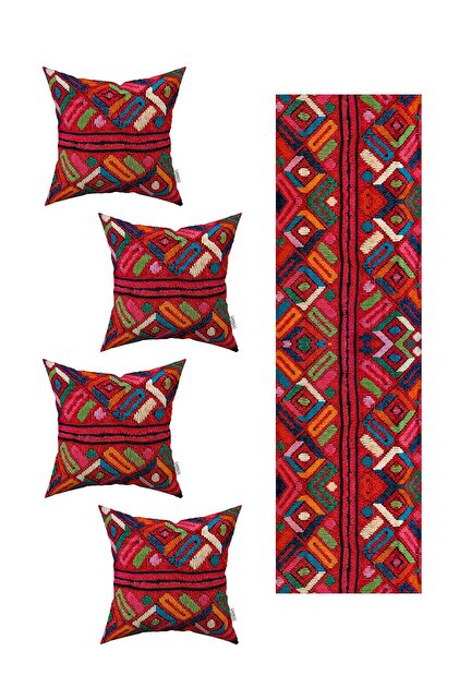 Red Ethnic Digital Print 4-Piece Cushion Cover and 1 Table Runner Set 4kmbs326-RS