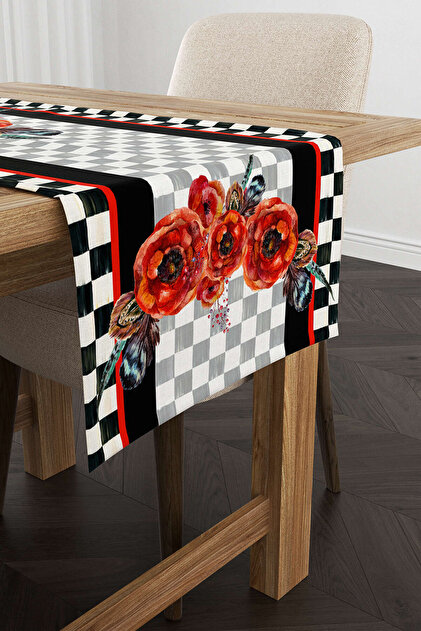 Red Black Checkered Flower Patterned Digital Printed Runner Cgh1048-rn