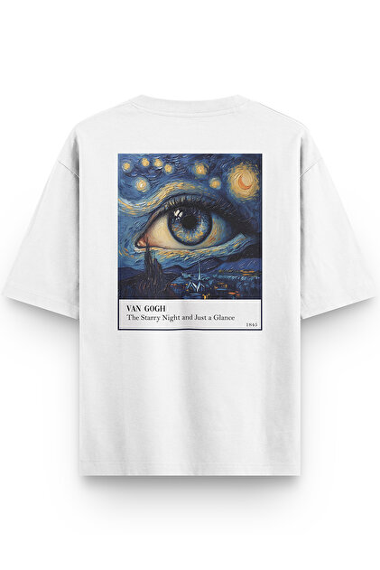 Van Gogh Yıldızlı Gece Sırt Baskılı Yarı Oversize Beyaz Tshirt 1243