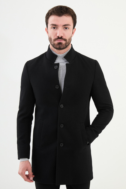 Düz Slim Fit Hakim Yaka Erkek Kaşe Kaban Siyah - 21311.24K