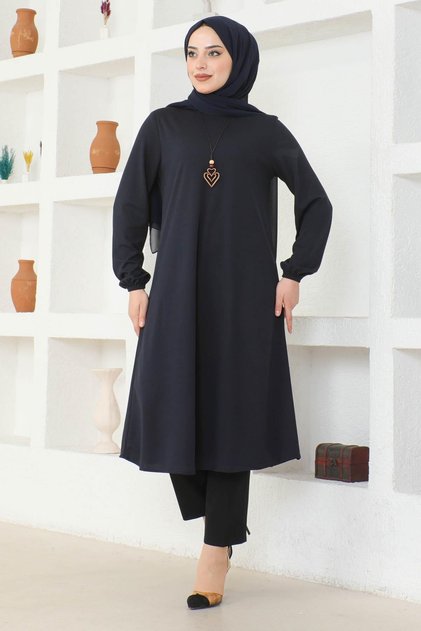 Necklace Detailed Tunic-Navy-2727