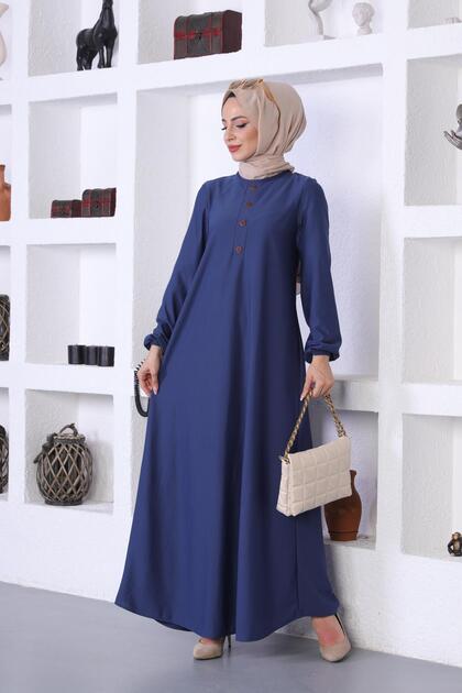 Elastic Sleeve Dress-indigo 578