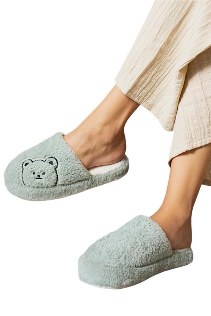 Closed Front Teddy Bear Printed Plush Women's House Slippers Green
