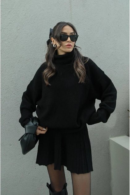 Black Pleated Mini Skirt Fishing Sweater Bottom Top Premium Knitwear Set
