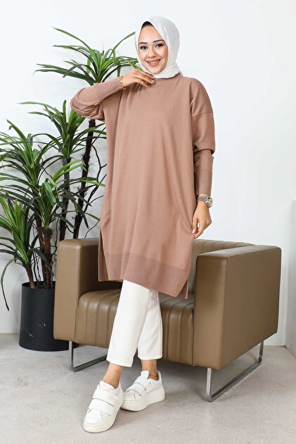 Taupe Crew Neck Thin Merserized Loose Knit Tunic