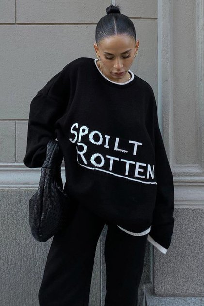 Black Written Oversize Crew Neck Women's Sweater Mg1596