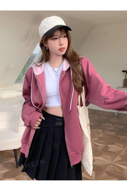 Unisex Pink Hood Dusty Pink Unprinted 3 Thread Oversize Fleece Jacket - Cardigan