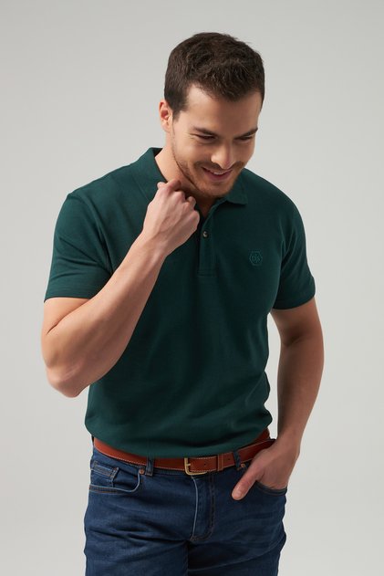 Regular Fit Khaki Pique Textured 100% Cotton Non-Curling Polo Neck Embroidered T-Shirt