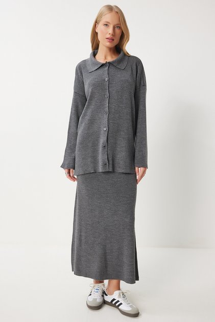 Polo Collar Knitwear Cardigan Skirt Set Gray Lpf0080