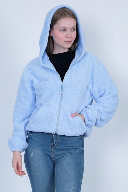 Hırka Welsoft Peluş Kapüşonlu Önü Fermuarlı Çift Cepli Regular Sweatshirt