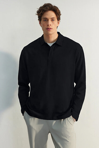Trendyolmilla Man Siyah Oversize Polo Yaka Düz Örme Polo Yaka T
