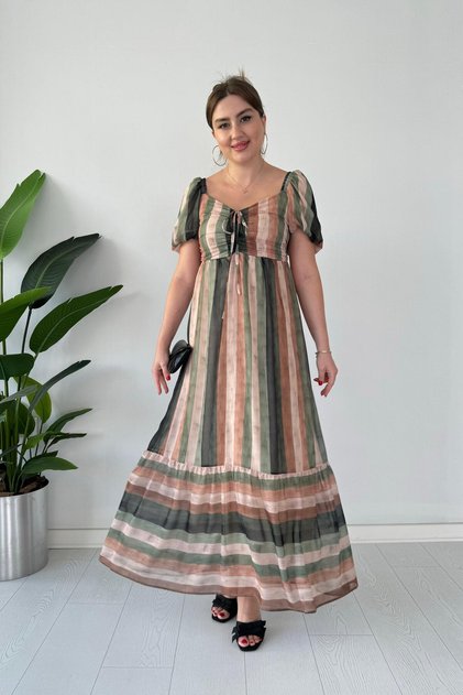 Brown Striped Chiffon Dress