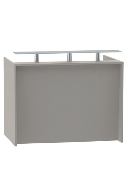 R06 Grey Textile Office Reception Desk – 140 cm Wide, Glass Shelf, MDF, 5-Year