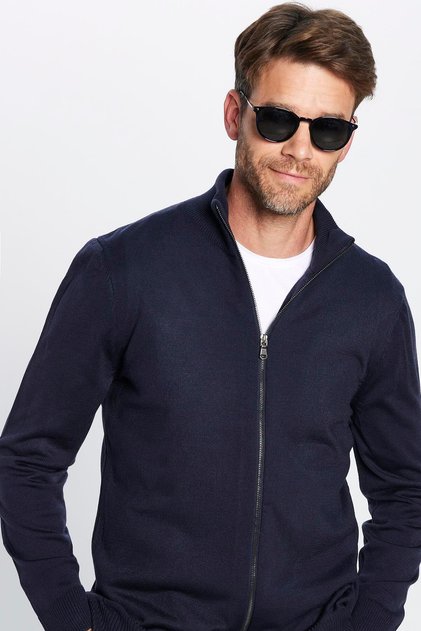 Men's Slim Fit Slim Fit Navy Blue Stand Collar Zippered Solid Cardigan