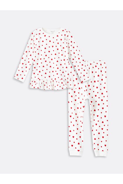 Ecru Crew Neck Long Sleeve Printed Baby Girl Pajama Set