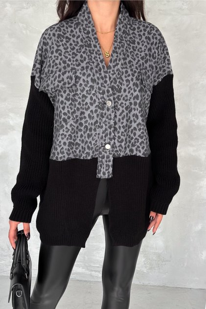 Women's Gray Standard Size Leopard Pattern Knitwear Detailed Design Oversize Denim Jacket