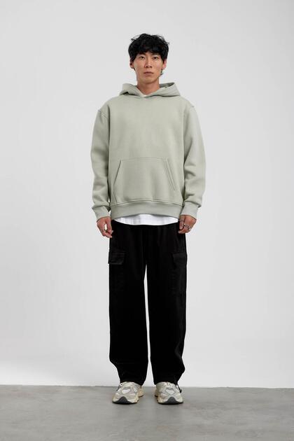 Erkek Sweatshirt Mint Yeşili Oversize Kapüşonlu Şardonlu 3 İplik Şardonlu