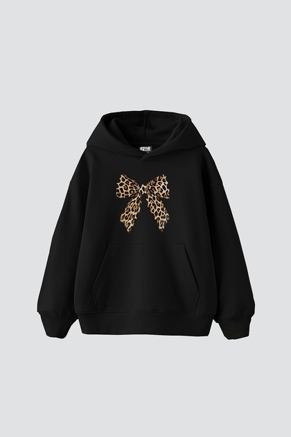 Bow Leopard Printed Oversize Unisex Premium Black Hoodie