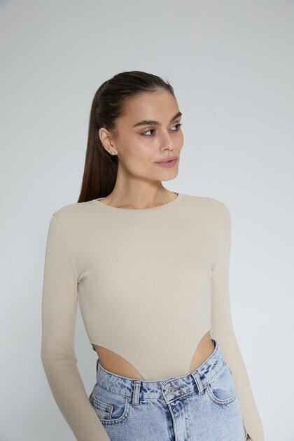 Beige Women's Ribbed Waist Low-cut Bodysuit with Finger Detail - Color