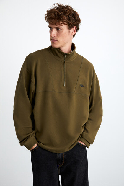 Radiant Erkek Organik Pamuk Nakış Detaylı Stoper Lastikli Fermuarlı Dik Yakalı Haki Sweatshirt