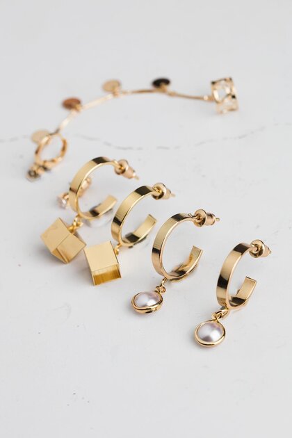 Gold Color Pearl Detailed Multiple Earrings Set
