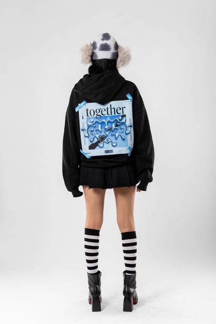 Together Printed Oversize Unisex Black Hoodie