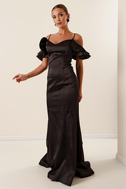 By Sayg Rope Strap Low Sleeve Lace up Back Lining Long Satin Dress-  Trendyol