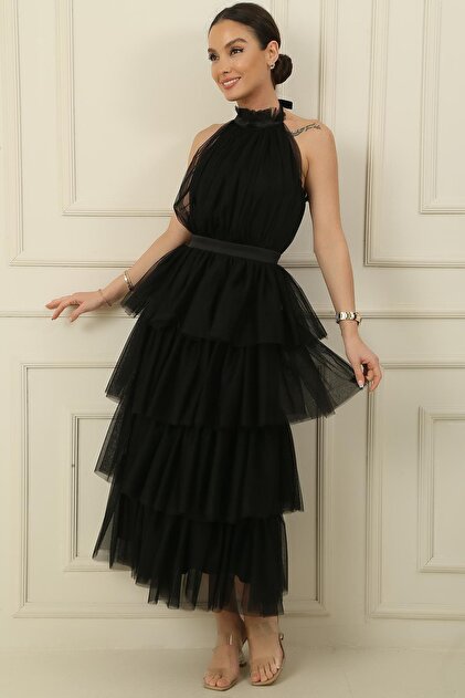 By Sayg Layered Halter Lined Tulle Dress- Trendyol