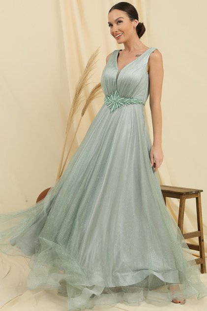V-neck Waist Jewelled Lined Glittery Top Inside Satin Long Princess Dress