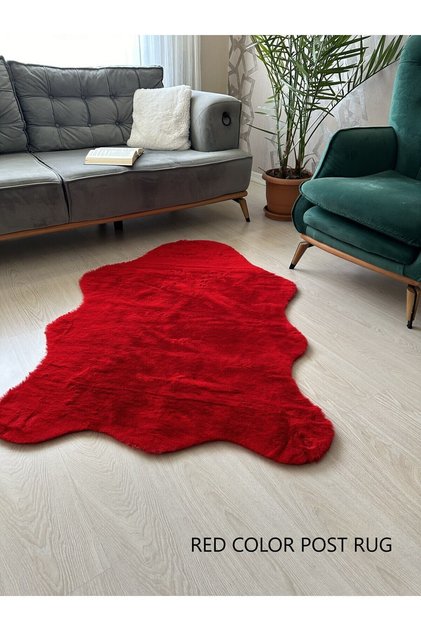 Tavşan Tüyü Peluş Post Süet Tabanlı Kırmızı Renk Ultra Yumuşak Post Puffy Yıkanabilir Halı
