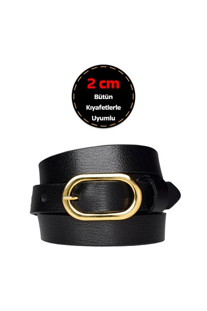 100% Genuine Leather, Thin 2 cm Black Women's Belt with Gold Color Buckle; Dress, Trouser Belt_2Cmoval