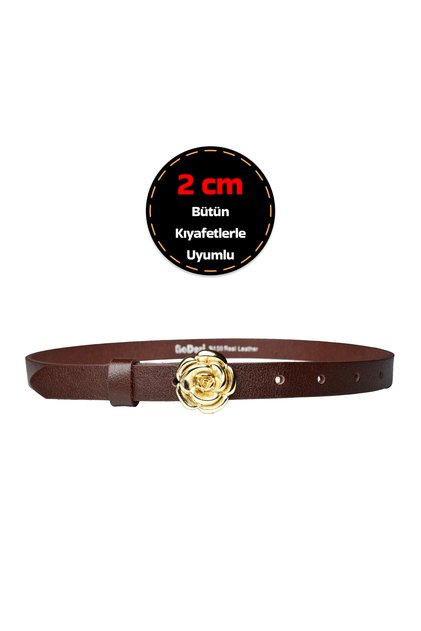 100% Genuine Leather, 2 cm Dark Brown Women's Belt with Gold Color Buckle; Dress, Trouser Belt_Rose