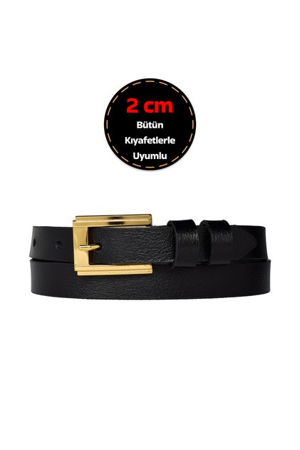 100% Genuine Leather, Thin 2 cm Black Women's Belt with Gold Color Buckle; Dress, Trouser Belt_Düzbüyük