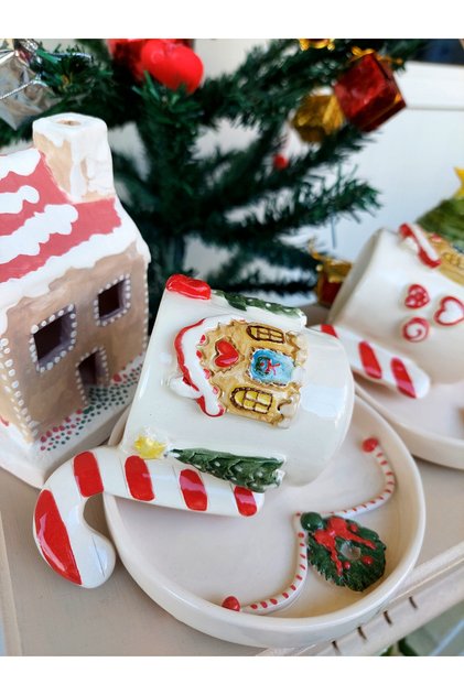 El Yapımı Yeni Yıl Şeker Ev Türk Kahvesi Fincanı Yılbaşı Hediyesi Christimas Noel Seramik Kupa
