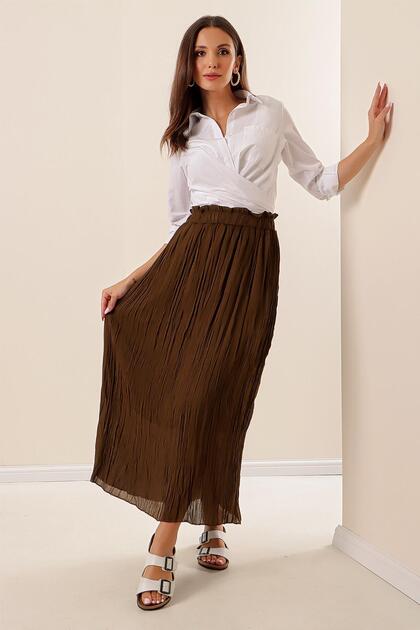 Elastic Waist Lined Pleated Long Chiffon Skirt
