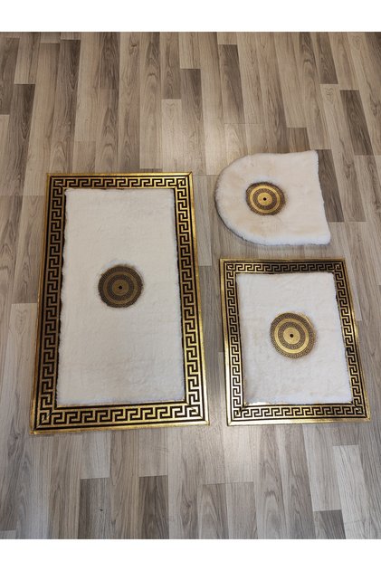 Ekru renkli gold varaklı peluş banyo takımı