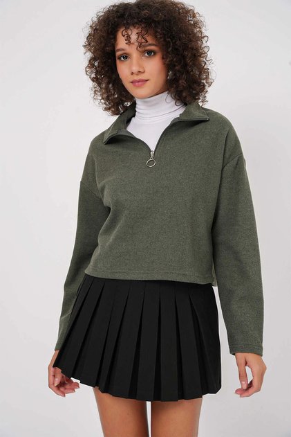 Kadın Haki Yakası Fermuarlı Örme Sweatshirt HZL25W-BD1554491