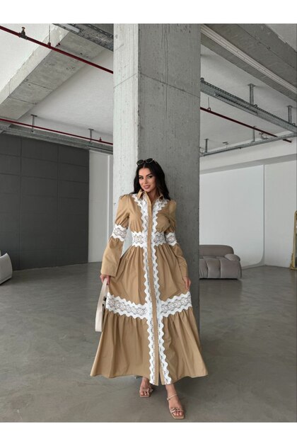 İthal Poplin Kumaş &Dantel Detaylı Uzun Gömlek Elbise-Bej