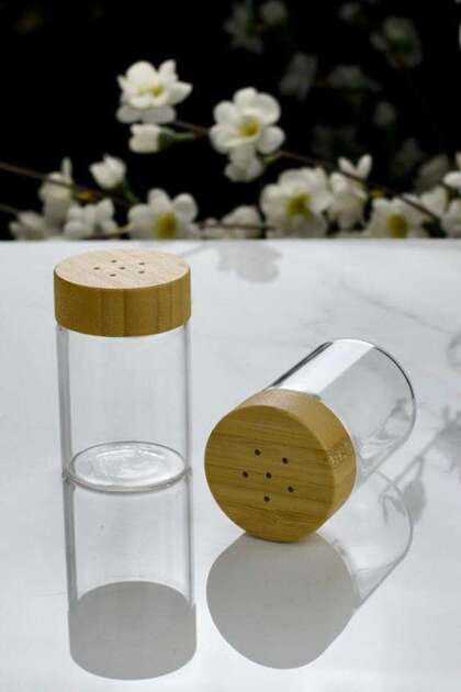 2-Piece Borosilicate Short Salt and Pepper Shakers with Bamboo Lids
