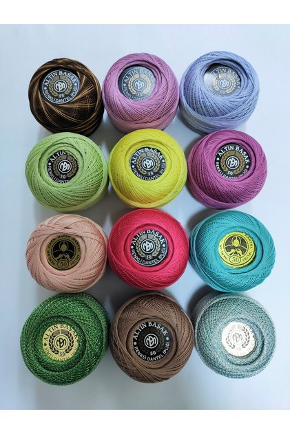 Lace Thread Number 50, 20 Grams - (12 Pieces - Colors as Shown in the Image) Embroidery Thread, Cross Stitch Thread, Needlework Thread